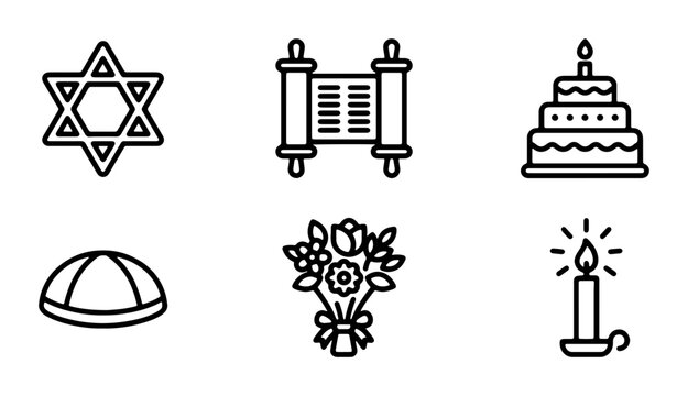 Jewish Holiday Icons Set: Star of David, Torah Scroll, Cake, Kippah, Flowers, Candle