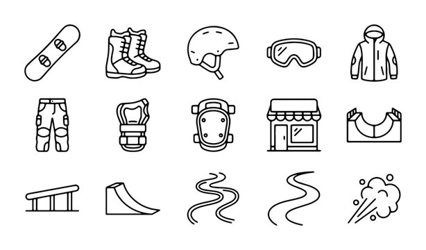 Winter Sports Icons Set: Snowboard, Boots, Helmet, Goggles, Jacket, Pants, Shop, Ramps, Powder