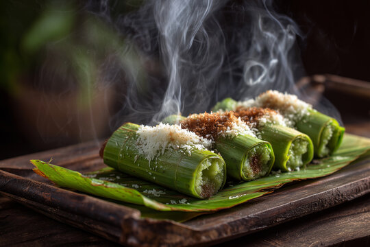 Traditional Indonesian putu cake made using bamboo tubes and wrapped in banana leaves.