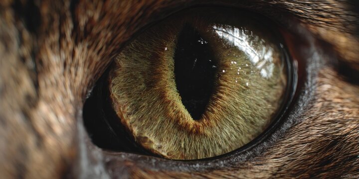 Close up of a cats eye displaying detailed textures and vibrant color variations