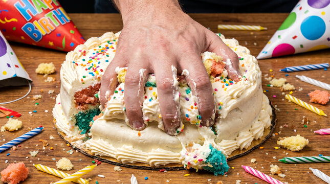 Extreme Close Up of Hands Smashing Birthday Cake with Sticky Icing