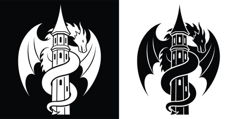 Dragon wrapped around tower silhouette graphic © Rohima