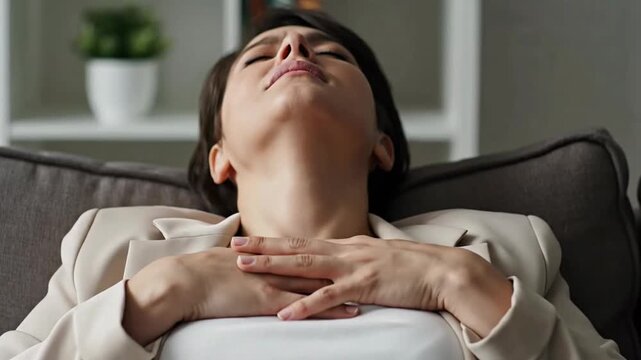 Woman lying on sofa struggling to breathe due to chest pain distress