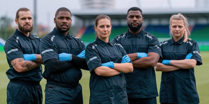 Group of multicultural sports doctors standing on football field. Professional medical team wearing uniform with protective glove ready for emergency assistance. Sports medicine concept.