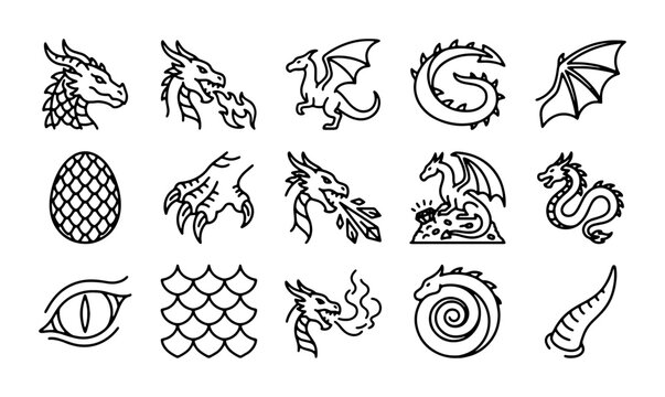 Fantasy Dragon Icons Set, Mythical Creature Vector Graphics, Magical Beasts Line Art Collection