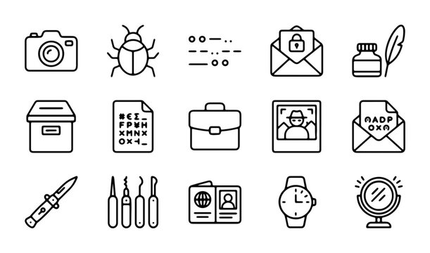 Detective Icons Set: Investigation, Spy, Secret Agent, Crime Scene, Surveillance Tools