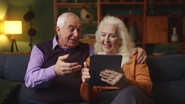 Smiling senior couple browsing photos on tablet, sharing happy memories together
