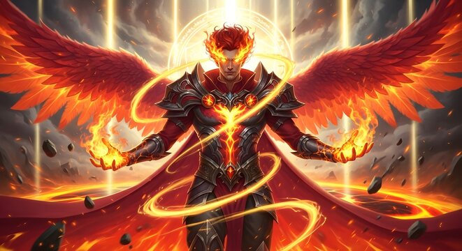 Mythical Fire Elemental Warrior with Radiant Flaming Wings and Blazing Energy in a Dark Fantasy World