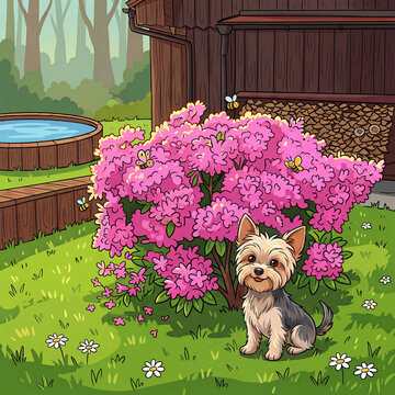 Adorable cartoon Yorkshire terrier puppy sitting on green lawn next to large pink rhododendron bush with flying bees, summer backyard garden with wooden cabin, wood pile and pool, colorful