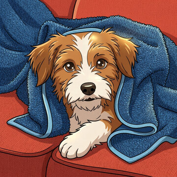 Adorable cartoon puppy with brown and white fur wrapped in fluffy blue towel after bath, cute small dog resting on red couch indoors, wet dog drying with big brown eyes looking at camera, cozy home 