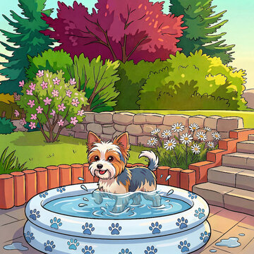 Happy cartoon Yorkshire terrier dog playing in inflatable paddling pool with blue paw prints, small puppy splashing water in backyard garden with daisies, stone wall and pink flowering tree, colorful