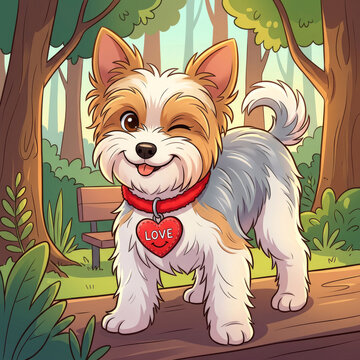 Happy cartoon Yorkshire terrier puppy winking with tongue out wearing red collar with love heart tag, cute small dog standing on wooden log in sunny forest park with green trees and bench, colorful