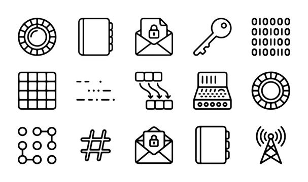 Cybersecurity Icons Set: Secure Data, Encryption, Access Control, Network Security, Digital Privacy