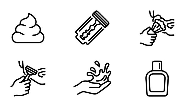 Shaving Icons Set: Foam, Razor, Brush, Face, Water, Lotion, Grooming, Personal Care, Hygiene, Male Routine