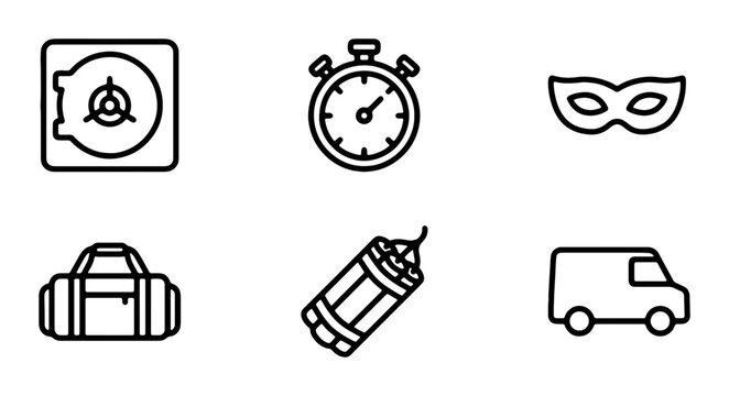 Crime Icons: Safe, Stopwatch, Mask, Duffel Bag, Dynamite, Van Vector Set