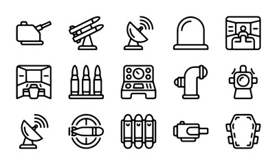 Military Icons Set: Defense, Weaponry, and Surveillance Vector Graphics Collection © Fazol