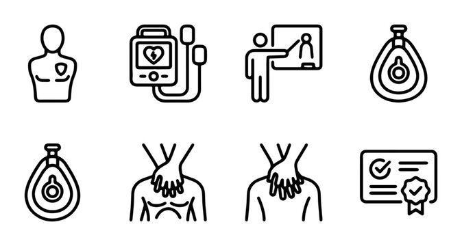 CPR Training Icons Set: Mannequin, AED, Instructor, Mask, Certificate, Medical