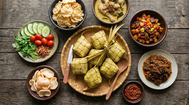 An overhead flat lay of traditional Indonesian Eid Al-Fitr food assortment including ketupat rice cakes, beef rendang, chicken opor, and emping melinjo crackers on a rustic wooden table.