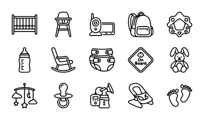 Fototapeta premium Baby Essentials Icons: Nursery, Feeding, Travel, and Playtime Vector Graphics Set