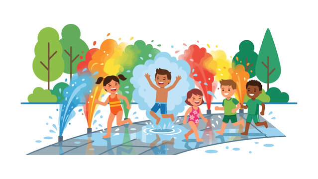 Summer Splash: A group of joyful children cools off at a splash pad on a sunny day, surrounded by colorful fountains and lush greenery.