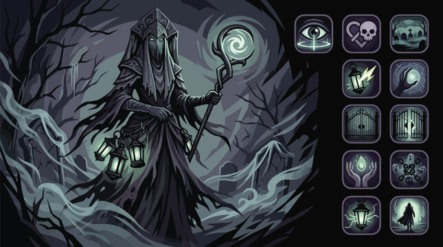 Dark fantasy necromancer character with magic staff in graveyard. Flat vector illustration featuring game UI icons for spells and skills. Spooky mist environment with tombstones.