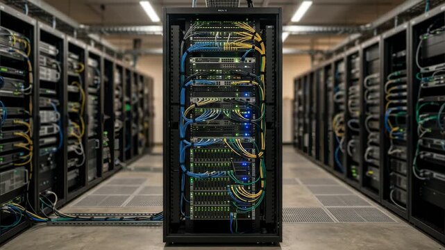 Medium shot of server racks in a pension fund data center with blinking indicators and cables main rack in sharp focus background softly blurred for depth effect.