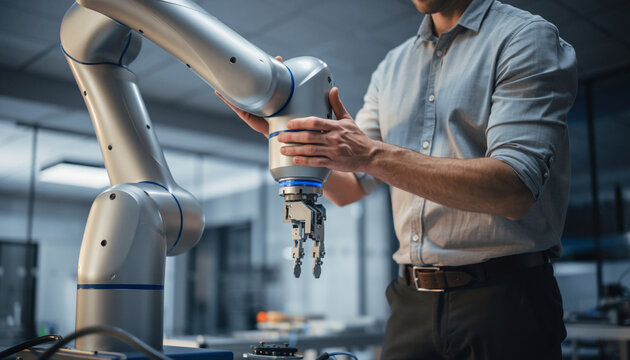 Engineer Adjusting Collaborative Robotic Arm in Modern Laboratory