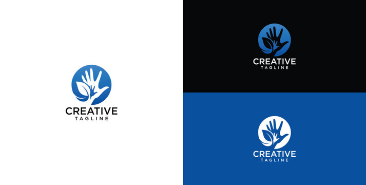 Creative hand holding leaves logo for nature and ecological care services