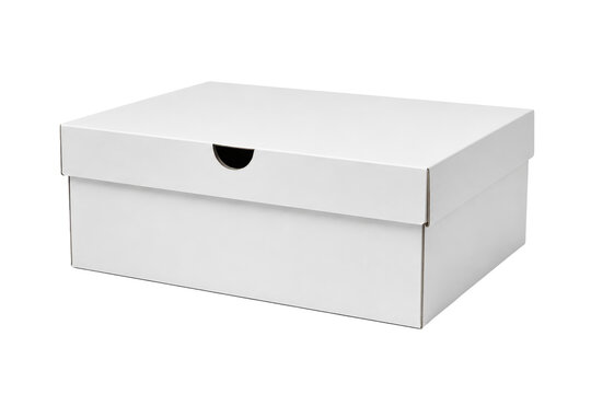 A white shoe box with a handle on the lid is shown closed.