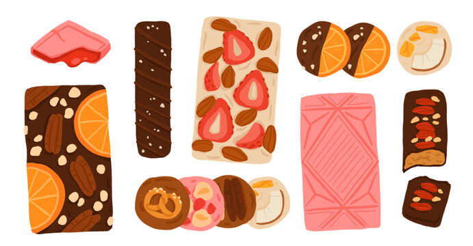 Chocolate dessert collection with dark, white and pink candy bars, nuts, orange slices, strawberry and sweet pastries. Flat cartoon hand drawn vector illustration of gourmet sweets