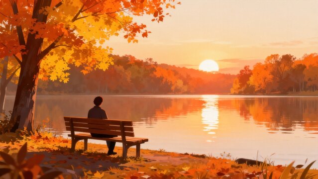 Person sitting on bench by lake at sunset