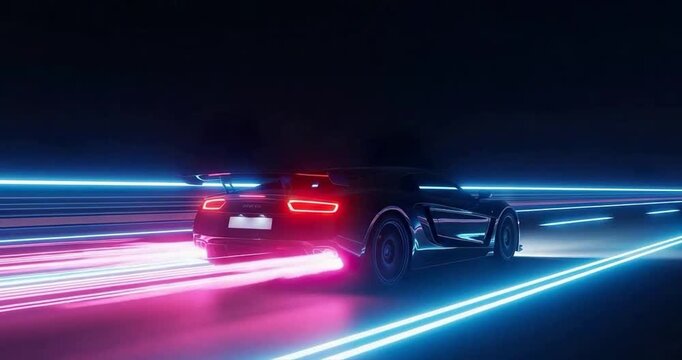 Racing car accelerating on a dark highway with neon light trails