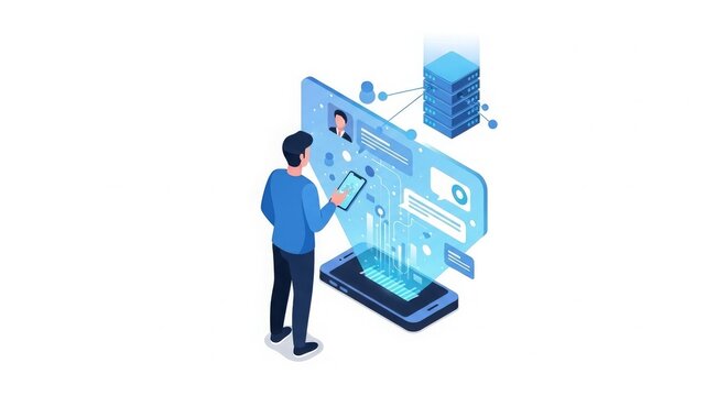 Technology - Man Using Smartphone with Holographic Digital Interface Connected to Cloud Server Isometric Illustration
