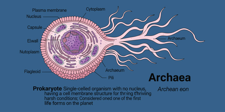 Archaea prokaryote single-celled organism from Archean eon, scientific diagram.