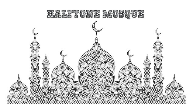 Halftone mosque silhouette with domes and minarets Islamic architecture artwork.