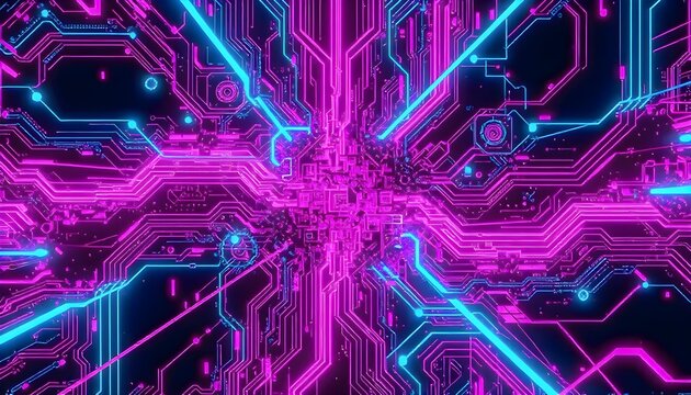 Close up of a computer circuit board with pink and blue lights, digital electronic engineering hardware system tech backdrop infrastructure