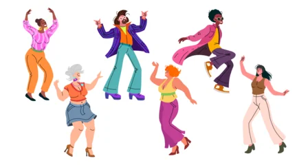 Dancing people set. Modern men and women at disco party. Happy people moving to music. Retro disco flat characters. Vector illustration isolated on white background. © Sketch Master