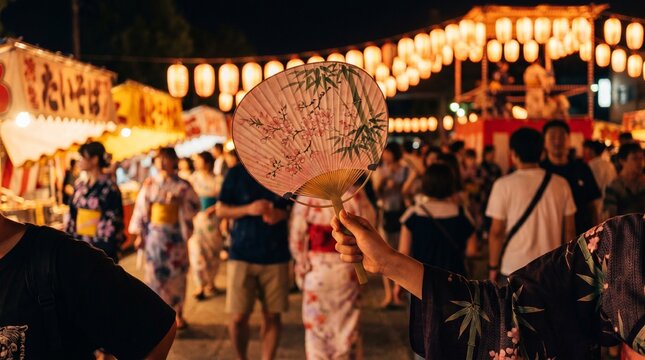 Gion Matsuri, a traditional Uchiwa fan held by a person in a silk Yukata, blurred festival crowd in the background with soft bokeh