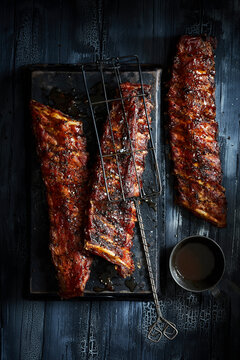 Sticky glazed BBQ pork ribs on a dark rustic wooden background.