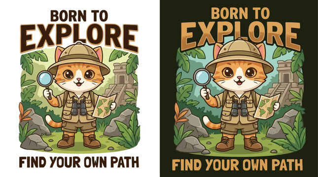 Cute cartoon kitten explorer in khaki safari uniform and hat, adorable feline scout character vector illustration with motivational discovery slogan for kids adventure and wildlife journey.