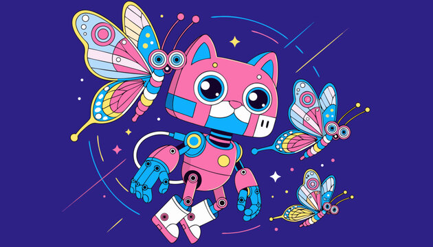 Very beautiful kawaii robotic cat floating beside holographic butterflies with glowing eyes, pastel metallic textures, and dreamy futuristic atmosphere in premium vector illustration style.