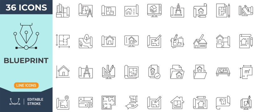 Blueprint icon set. Modern icon in outline style. Collection of blueprint, floor plan, ruler, drafting, and engineering symbols. Editable stroke. Vector icon collection.