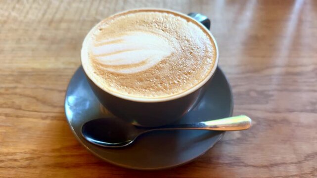 close up top down view of coffee cup on saucer with teaspoon on wooden table