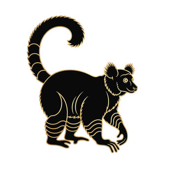 Black vector silhouette of an Indri lemur, the largest living lemur species from Madagascar, showcasing its distinct round ears and upright sitting posture, isolated on white.
