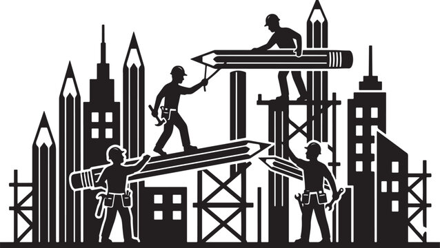 Construction workers balancing on giant pencils to build city