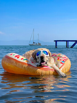 Playful Labrador retriever floating on colorful inflatable donut in calm tropical water. Funny summer vacation scene with yacht in background and copy space.