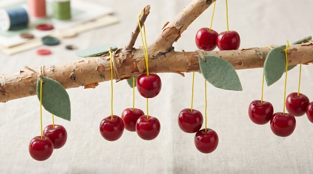 Whimsical cherries dangle from a rustic branch, adorned with handcrafted leaves, evoking springtime joy.