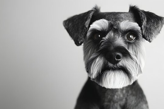 Close-up portrait of a miniature schnauzer's face with a serious and attentive expression.