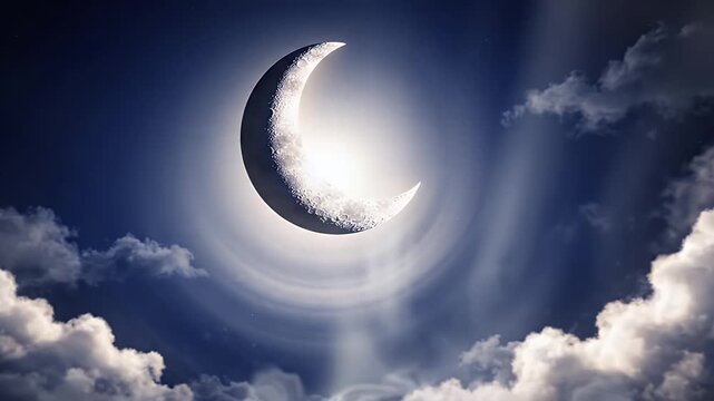 Spiritual Chandra Darshan Background Featuring a Glowing Silver Crescent Moon in a Deep Blue Gradient Sky with Soft Clouds and Sacred Incense Haze