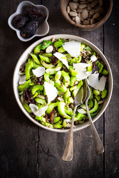 Lentil salad with dates, celery and almonds